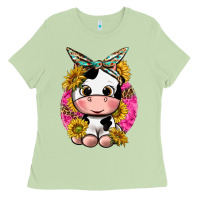 Matcha cut cow with sunflower and leopard  pink Ladies Tee - texasbilliewilder