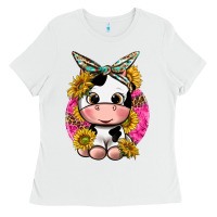 White cut cow with sunflower and leopard  pink Ladies Tee - texasbilliewilder
