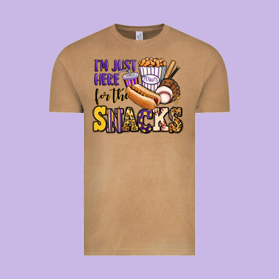 I'm Just Here For The Snacks Baseball Purple And G Vintage Tee Designed By Jasminsmagicworld