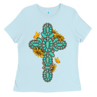 Baby Blue gemstone cross with sunflowers and butterflies Ladies Tee - texasbilliewilder
