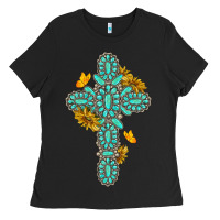Black gemstone cross with sunflowers and butterflies Ladies Tee - texasbilliewilder