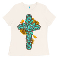 Bone gemstone cross with sunflowers and butterflies Ladies Tee - texasbilliewilder