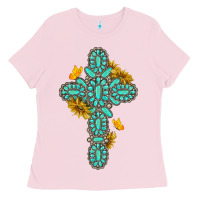 Bubblegum Pink gemstone cross with sunflowers and butterflies Ladies Tee - texasbilliewilder