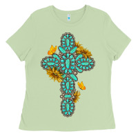 Matcha gemstone cross with sunflowers and butterflies Ladies Tee - texasbilliewilder