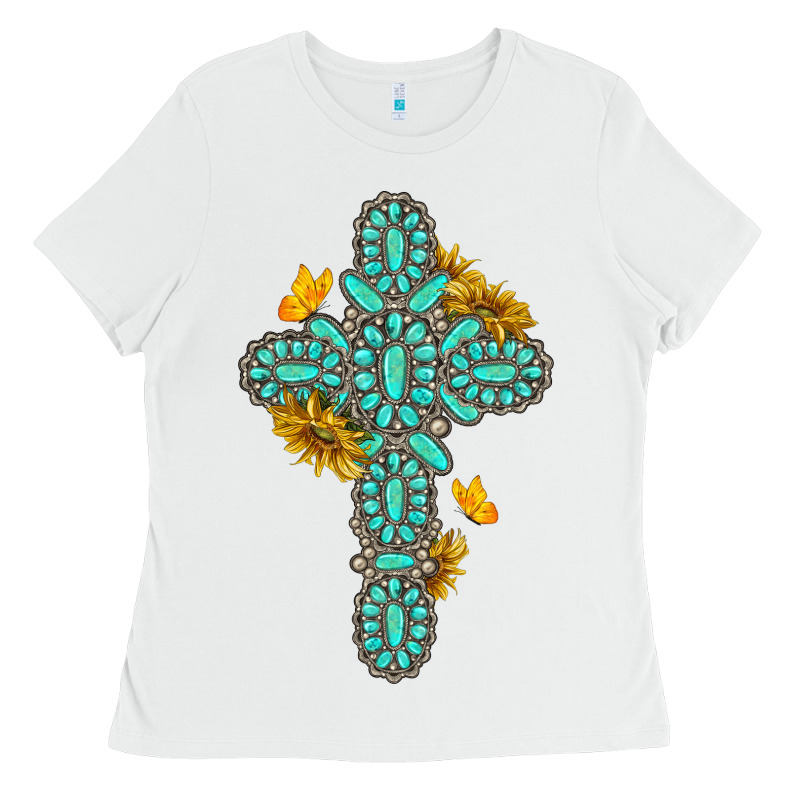 Gemstone Cross With Sunflowers And Butterflies Ladies Tee by texasbilliewilder | Teevron