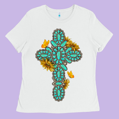 Ladies Tee gemstone cross with sunflowers and butterflies