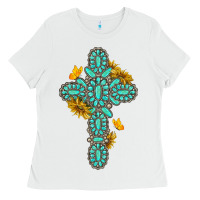 White gemstone cross with sunflowers and butterflies Ladies Tee - texasbilliewilder