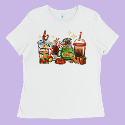Ladies Tee Christmas coffee cups with Pug