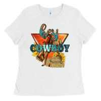 White hey cowboy with sunflowers Ladies Tee - texasbilliewilder