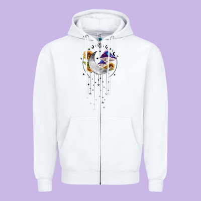 Moon And Mushrooms With Sunflower Zipper Hoodie Designed By Maliassmallbusiness