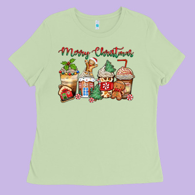 Merry Christmas Gingerbread Coffee Cups Ladies Tee Designed By Zillion Design Studio