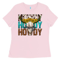 Bubblegum Pink howdy howdy howdy western bull skull Ladies Tee - texasbilliewilder