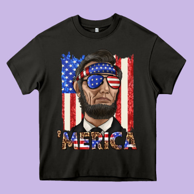 Merica With Lincoln Heavy Core Tee Designed By Texasbilliewilder