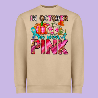 In October We Wear Pink With Pumpkins Heavyweight Sweatshirt Designed By Adodesignshop