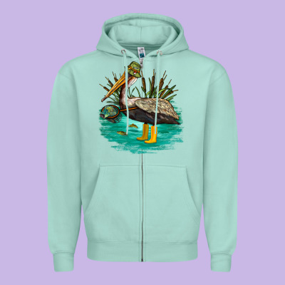 Fishing Pelican Camp Zipper Hoodie Designed By Nancycooperartshop