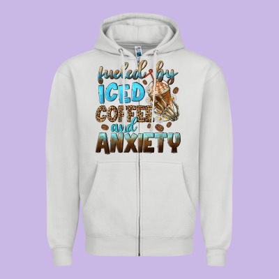 Fueled By Iced Coffee And Anxiety Zipper Hoodie Designed By Nancycooperartshop