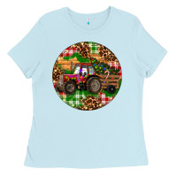 Baby Blue Christmas Farm Red Tractor Ladies Tee - RanaPortraitStore