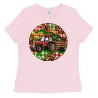 Bubblegum Pink Christmas Farm Red Tractor Ladies Tee - RanaPortraitStore