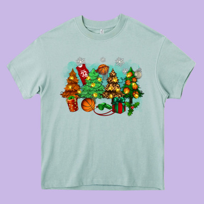 Christmas Trees With Basketball Heavy Core Tee Designed By Zillion Design Studio