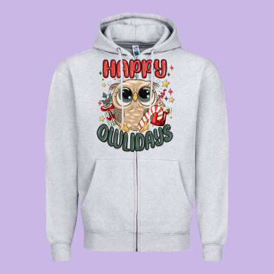 Happy Owlidays Zipper Hoodie Designed By Maliassmallbusiness