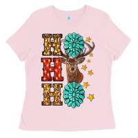 Bubblegum Pink Gemstone And Reindeer Christmas Ho Ho Ho Ladies Tee - RanaPortraitStore