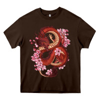 Chocolate Brown red dragon and sakura cherry blossoms Heavy Core Tee - RanaPortraitStore