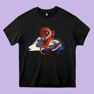 Heavy Core Tee asian dragon and ocean waves