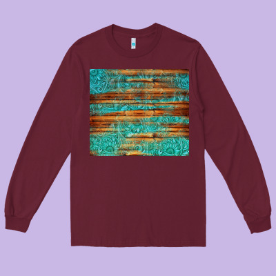 Turquoise  Leather And Wooden Pattern Tumbler Long Sleeve Tee Designed By Jasminsmagicworld