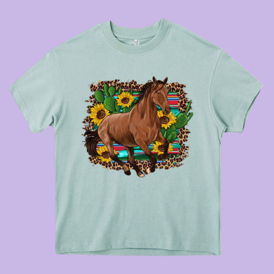 Western Horse Cactus Sunflowers Serape Leopard  Turquoise Wooden Heavy Core Tee Designed By Artiststas