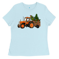 Baby Blue Christmas Orange Farm Tractor Ladies Tee - RanaPortraitStore