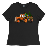 Black Christmas Orange Farm Tractor Ladies Tee - RanaPortraitStore