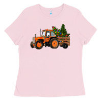 Bubblegum Pink Christmas Orange Farm Tractor Ladies Tee - RanaPortraitStore