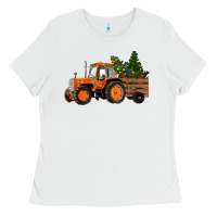 White Christmas Orange Farm Tractor Ladies Tee - RanaPortraitStore