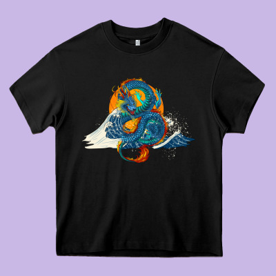 Heavy Core Tee blue dragon ocean waves and sun