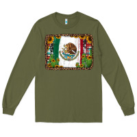Army Green mexican flag background with cactus and sunflower Long Sleeve Tee - Jasminsmagicworld