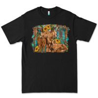 Black highland cow family cattle and calf with sunflower and turquoise backg Premium Tee - RanaPortraitStore