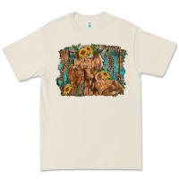 Highland Cow Family Cattle And Calf With Sunflower And Turquoise Backg Premium Tee | Teevron
