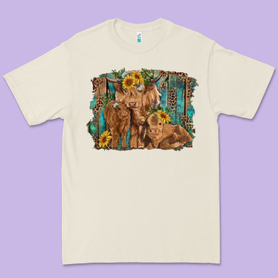 Highland Cow Family Cattle And Calf With Sunflower And Turquoise Backg Premium Tee Designed By Ranaportraitstore