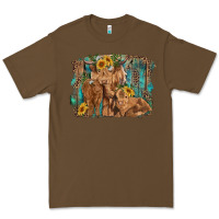 Cacao highland cow family cattle and calf with sunflower and turquoise backg Premium Tee - RanaPortraitStore