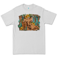 Dove Grey highland cow family cattle and calf with sunflower and turquoise backg Premium Tee - RanaPortraitStore
