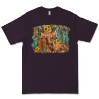 Plum highland cow family cattle and calf with sunflower and turquoise backg Premium Tee - RanaPortraitStore