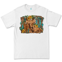 White highland cow family cattle and calf with sunflower and turquoise backg Premium Tee - RanaPortraitStore