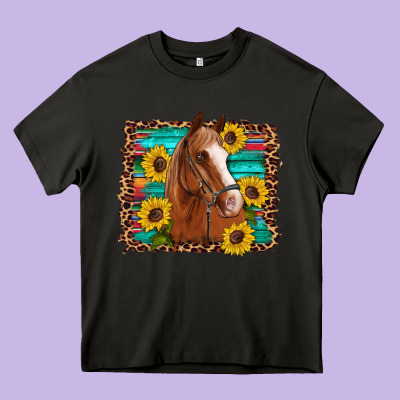 Horse Sunflowers Turquoise Wooden Serape Leopard Heavy Core Tee Designed By Artiststas