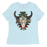 Baby Blue western aztec bull skull with gemstone Ladies Tee - texasbilliewilder