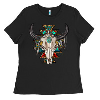 Black western aztec bull skull with gemstone Ladies Tee - texasbilliewilder
