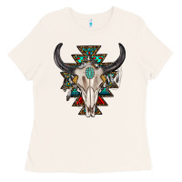 Bone western aztec bull skull with gemstone Ladies Tee - texasbilliewilder