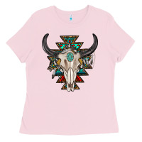 Bubblegum Pink western aztec bull skull with gemstone Ladies Tee - texasbilliewilder