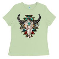 Matcha western aztec bull skull with gemstone Ladies Tee - texasbilliewilder
