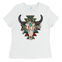 White western aztec bull skull with gemstone Ladies Tee - texasbilliewilder