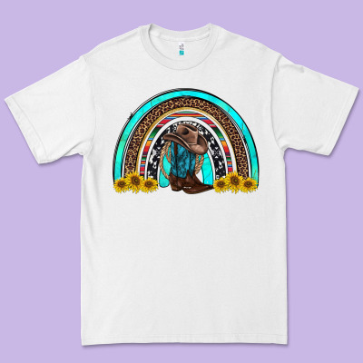 Western Cowboy Boots Sunflowers Rainbow Premium Tee Designed By Ranaportraitstore